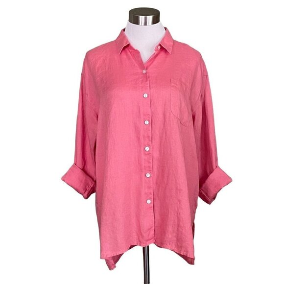 J Jill Love Linen Easy Shirt Sz M Begonia Pink Long Sleeve Relaxed Fit Top - Picture 2 of 7